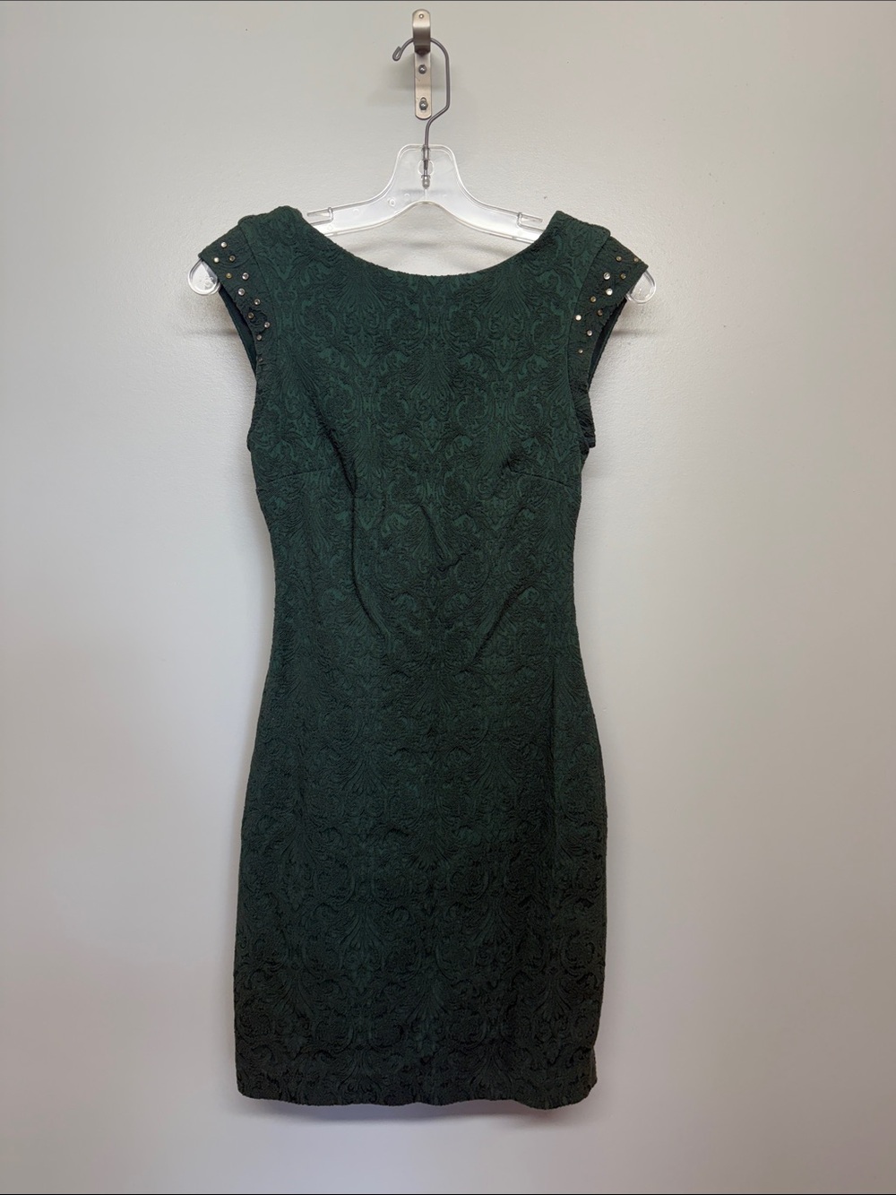 Zara Forest Green Textured Cap-Sleeve Sheath Crochet Lace Rhinestone Mini Dress